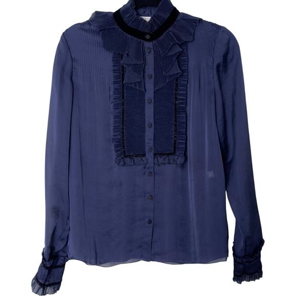 Diane Von Furstenberg DVF Jonquille Pleated High Neck Ruffle Blouse (4) - Picture 2 of 15